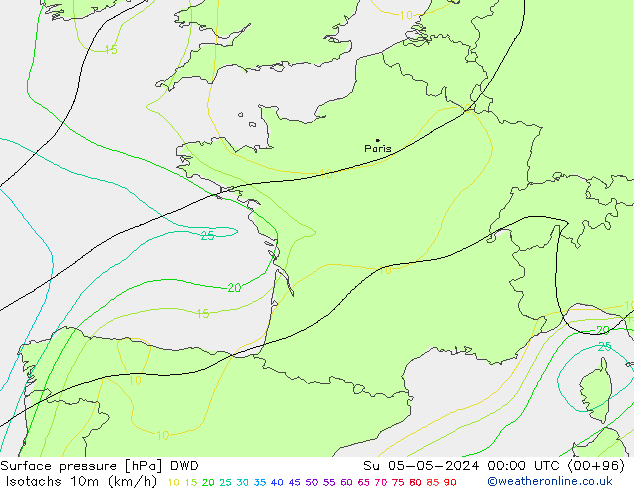 Eşrüzgar Hızları (km/sa) DWD Paz 05.05.2024 00 UTC