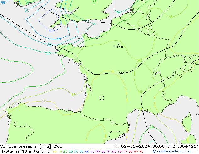 Izotacha (km/godz) DWD czw. 09.05.2024 00 UTC