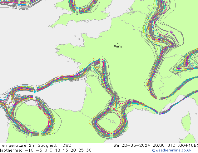 Temperatuurkaart Spaghetti DWD wo 08.05.2024 00 UTC
