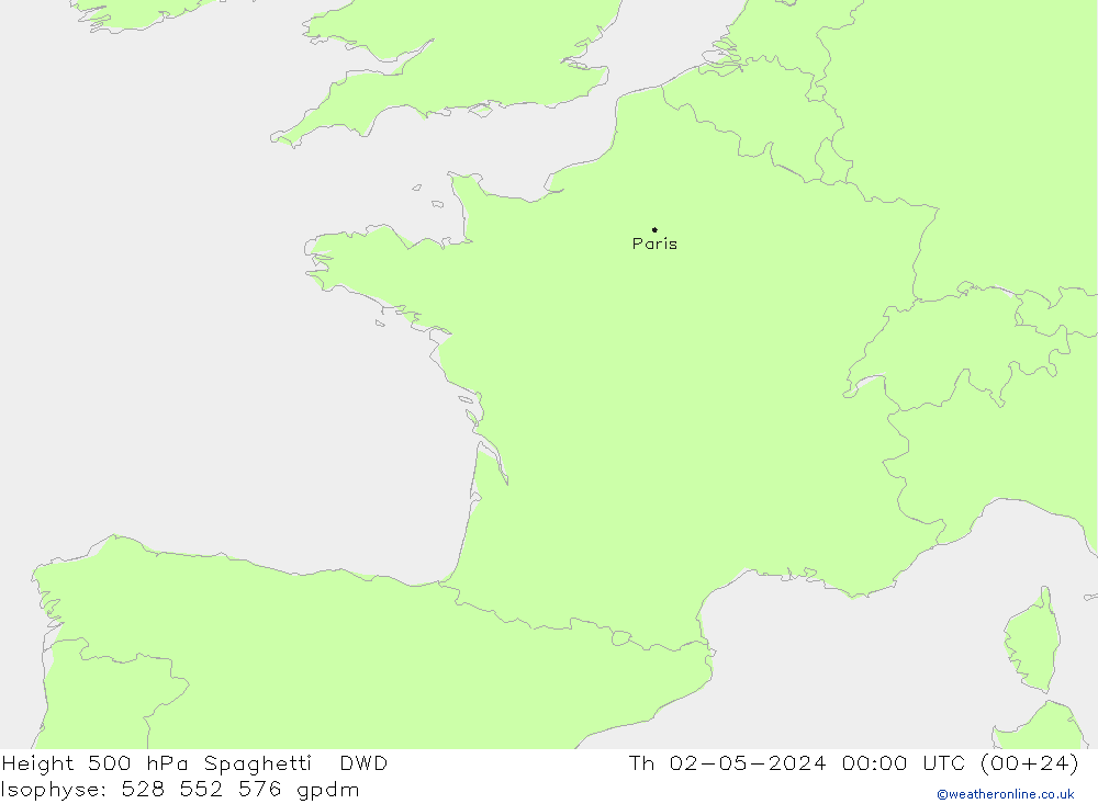 Height 500 hPa Spaghetti DWD Qui 02.05.2024 00 UTC