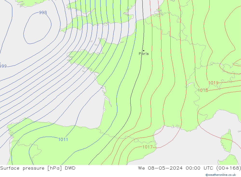 Surface pressure DWD We 08.05.2024 00 UTC