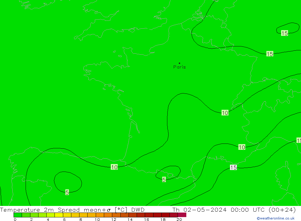 Temperatura 2m Spread DWD gio 02.05.2024 00 UTC