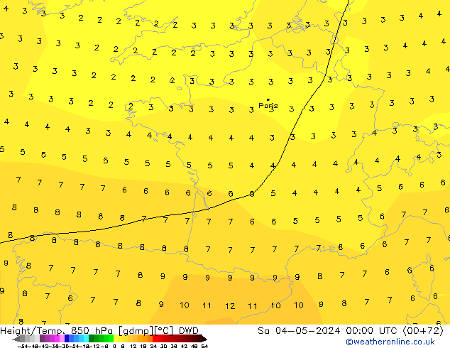 Geop./Temp. 850 hPa DWD sáb 04.05.2024 00 UTC