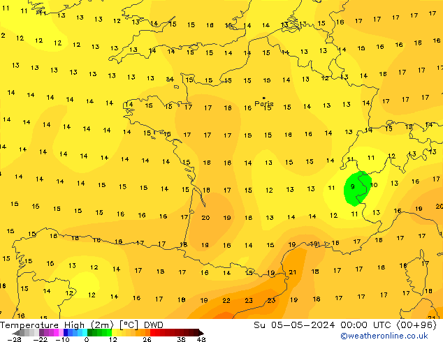 Nejvyšší teplota (2m) DWD Ne 05.05.2024 00 UTC