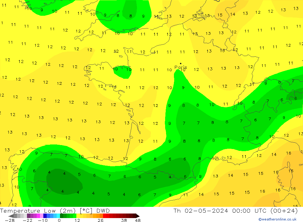 Temperatura mín. (2m) DWD jue 02.05.2024 00 UTC