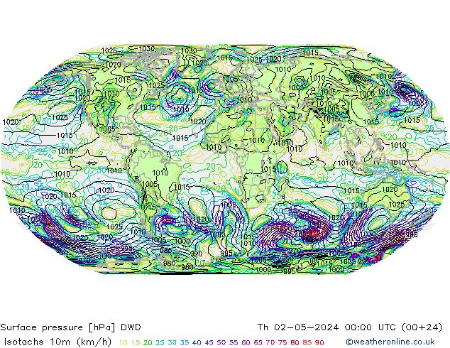 10米等风速线 (kph) DWD 星期四 02.05.2024 00 UTC