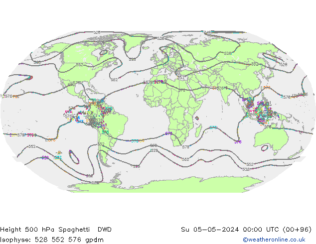 Height 500 hPa Spaghetti DWD  05.05.2024 00 UTC