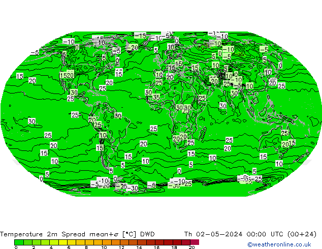 mapa temperatury 2m Spread DWD czw. 02.05.2024 00 UTC