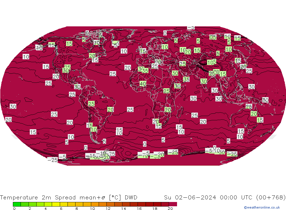 Temperatura 2m Spread DWD Dom 02.06.2024 00 UTC