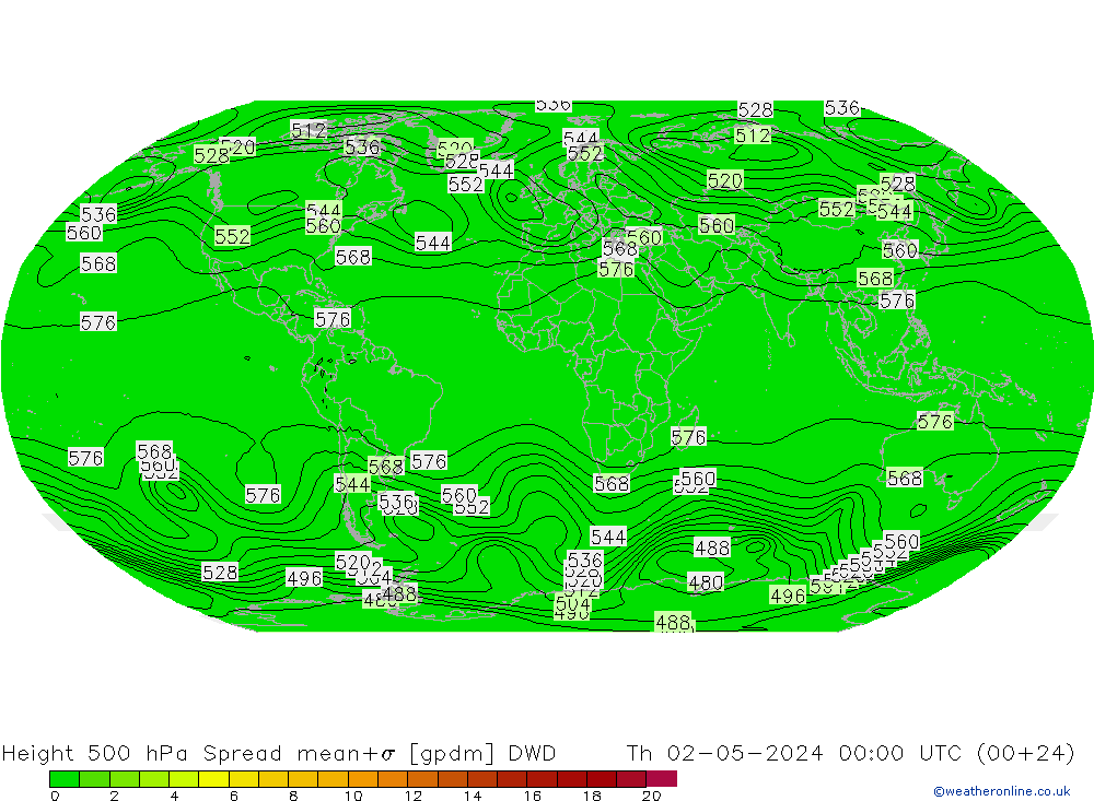 Height 500 hPa Spread DWD czw. 02.05.2024 00 UTC