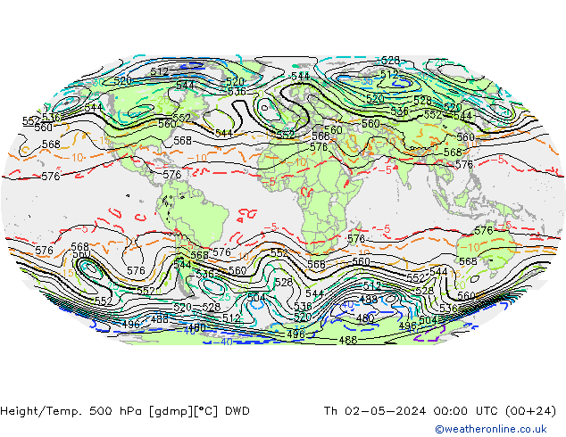 Height/Temp. 500 hPa DWD czw. 02.05.2024 00 UTC