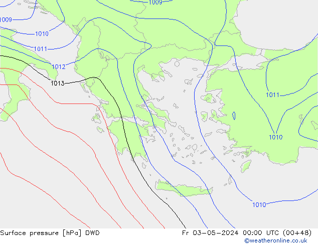 Pressione al suolo DWD ven 03.05.2024 00 UTC