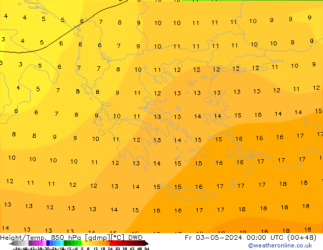 Hoogte/Temp. 850 hPa DWD vr 03.05.2024 00 UTC