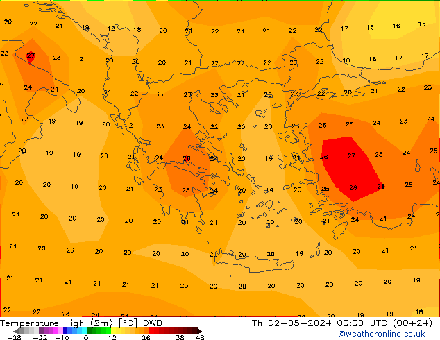 Max.temperatuur (2m) DWD do 02.05.2024 00 UTC