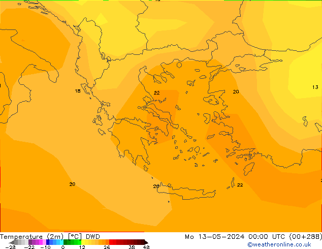 Temperatuurkaart (2m) DWD ma 13.05.2024 00 UTC