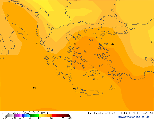 Temperatuurkaart (2m) DWD vr 17.05.2024 00 UTC