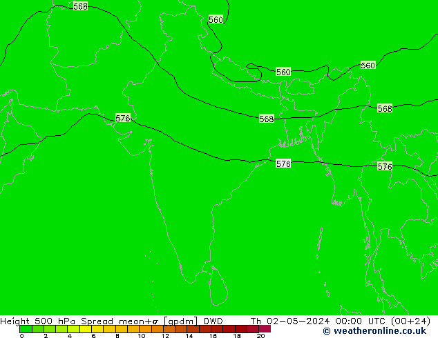 Height 500 hPa Spread DWD Čt 02.05.2024 00 UTC