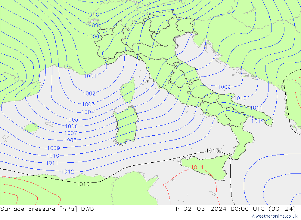 Pressione al suolo DWD gio 02.05.2024 00 UTC