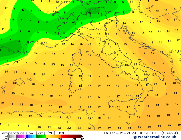 Temp. minima (2m) DWD gio 02.05.2024 00 UTC