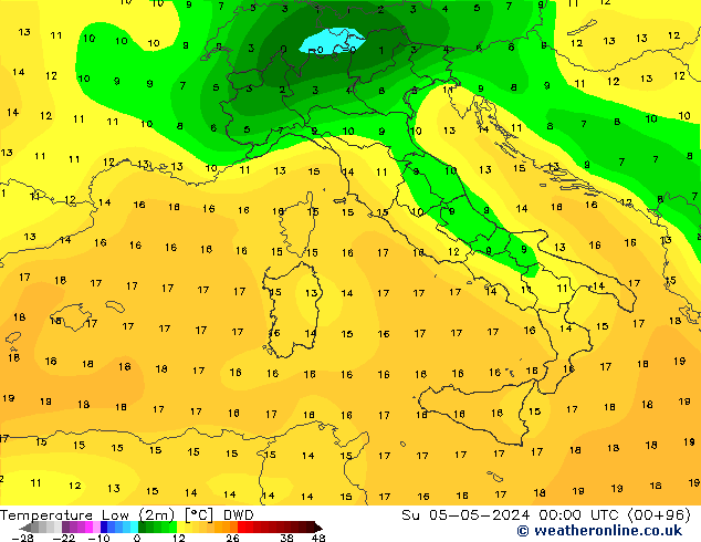 Min.temperatuur (2m) DWD zo 05.05.2024 00 UTC