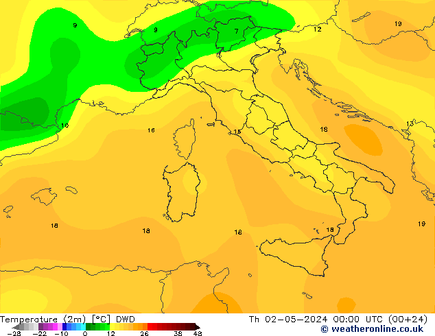 Temperature (2m) DWD Th 02.05.2024 00 UTC