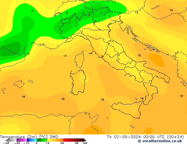 Temperatura (2m) DWD jue 02.05.2024 00 UTC