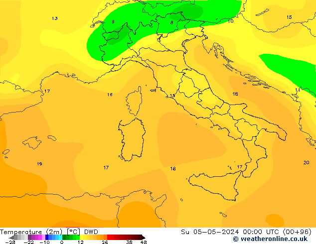 Temperatura (2m) DWD dom 05.05.2024 00 UTC