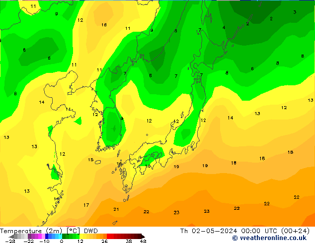 Temperatura (2m) DWD jue 02.05.2024 00 UTC