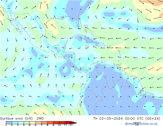 Vento 10 m (bft) DWD Qui 02.05.2024 00 UTC