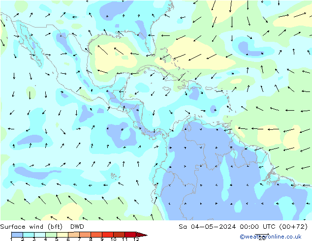 Surface wind (bft) DWD Sa 04.05.2024 00 UTC