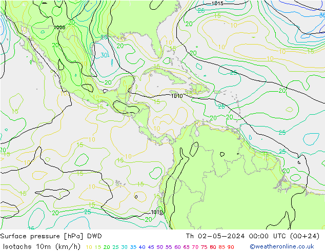 Izotacha (km/godz) DWD czw. 02.05.2024 00 UTC