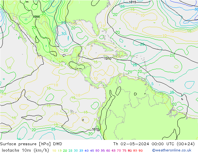 Isotachen (km/h) DWD do 02.05.2024 00 UTC