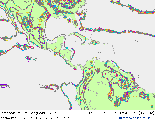 Temperatura 2m Spaghetti DWD jue 09.05.2024 00 UTC