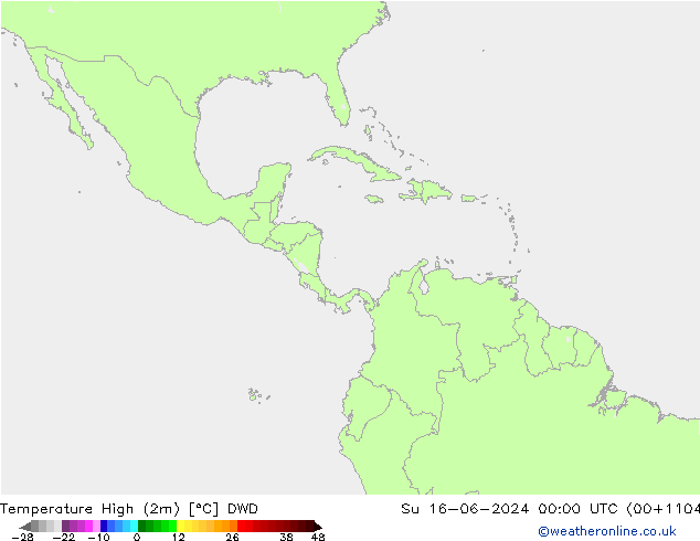 Nejvyšší teplota (2m) DWD Ne 16.06.2024 00 UTC