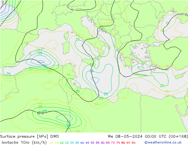 Isotachs (kph) DWD mer 08.05.2024 00 UTC