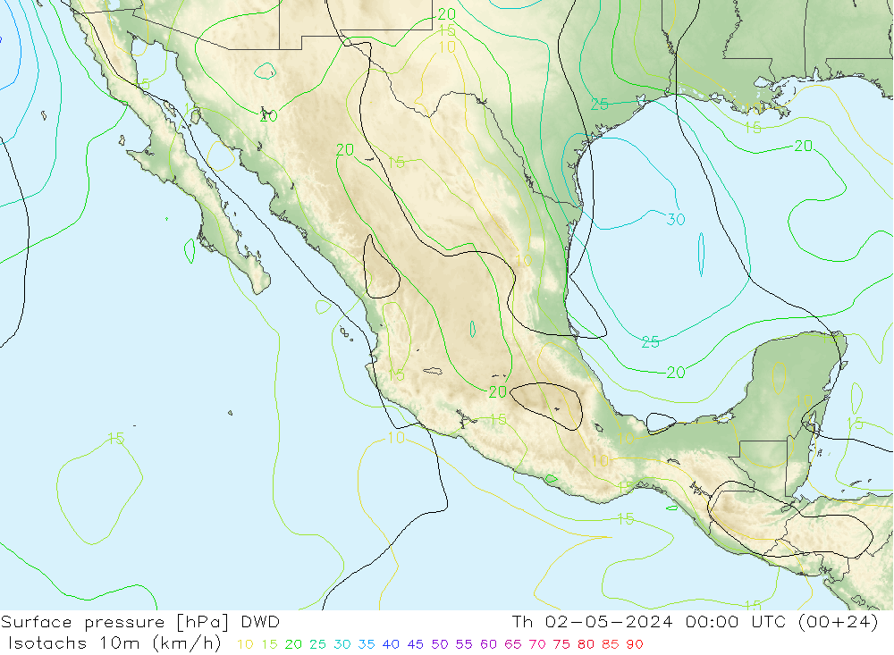 Isotaca (kph) DWD jue 02.05.2024 00 UTC