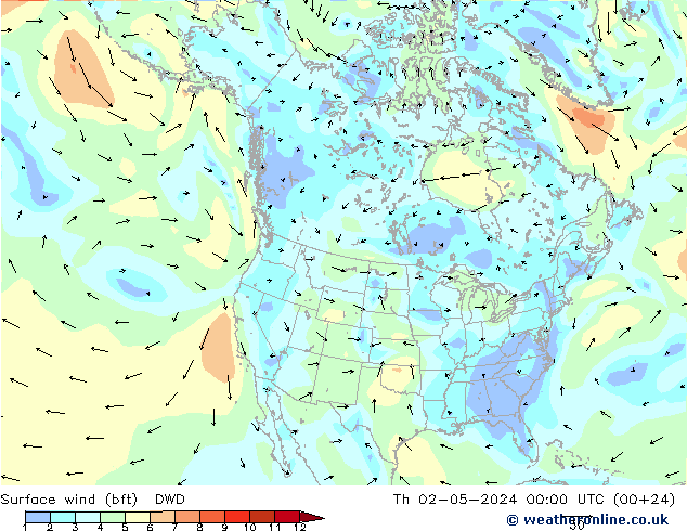 Surface wind (bft) DWD Čt 02.05.2024 00 UTC