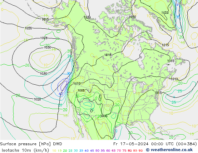 10米等风速线 (kph) DWD 星期五 17.05.2024 00 UTC