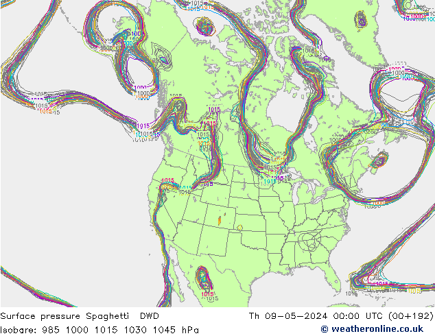 地面气压 Spaghetti DWD 星期四 09.05.2024 00 UTC