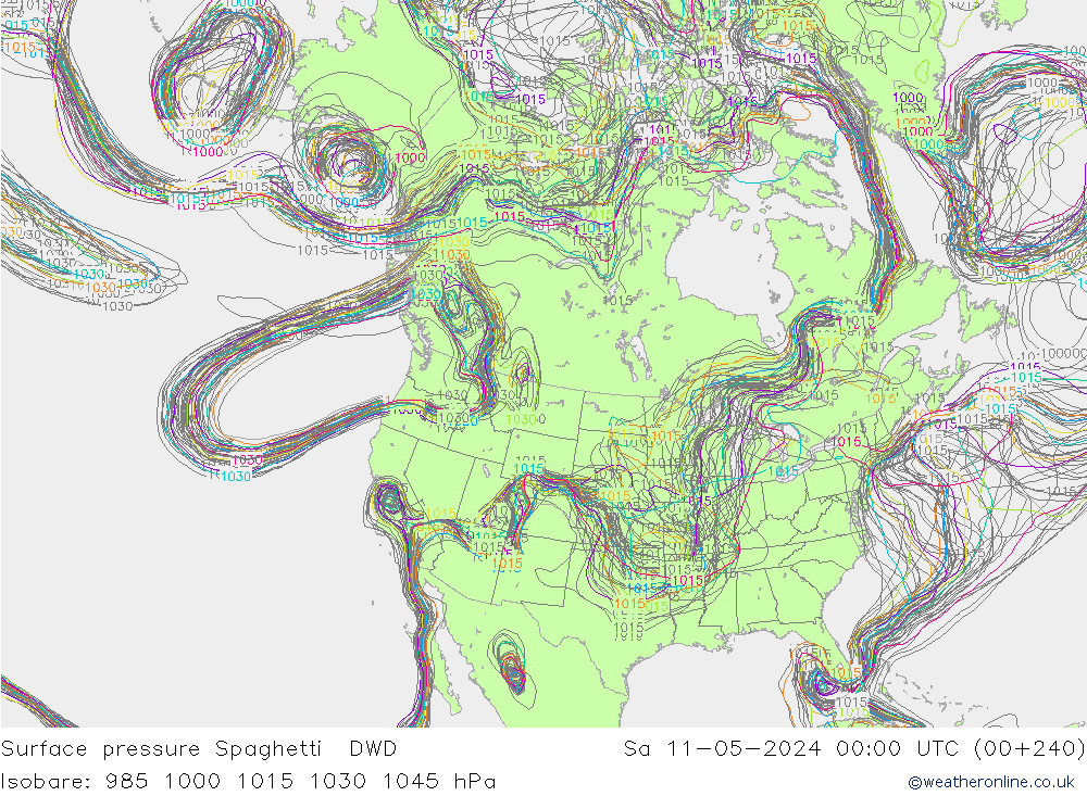 Presión superficial Spaghetti DWD sáb 11.05.2024 00 UTC