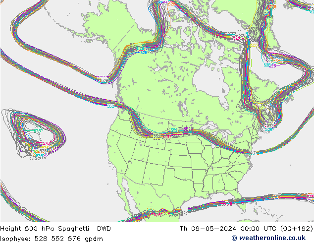 Height 500 hPa Spaghetti DWD gio 09.05.2024 00 UTC