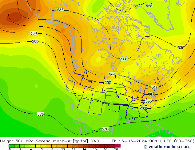 Height 500 hPa Spread DWD Th 16.05.2024 00 UTC