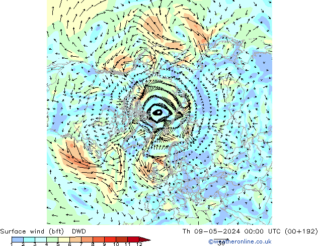 Surface wind (bft) DWD Th 09.05.2024 00 UTC