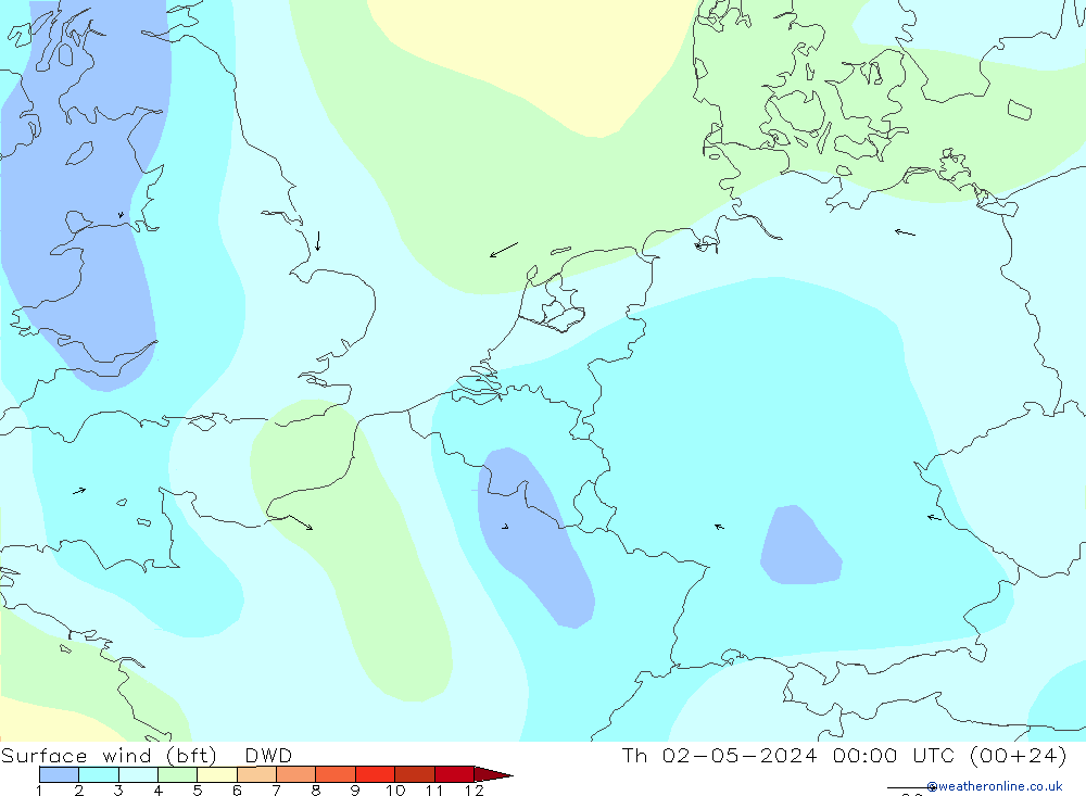 Wind 10 m (bft) DWD do 02.05.2024 00 UTC