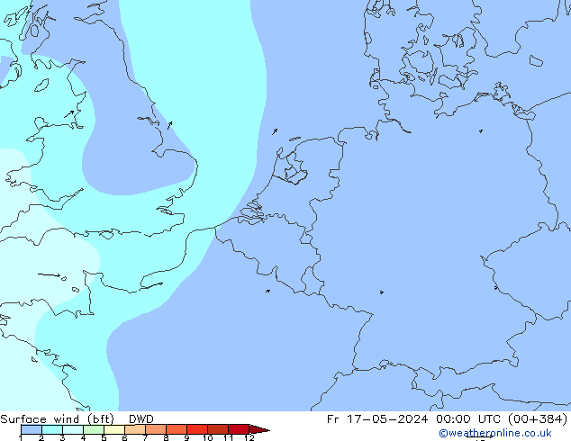 Surface wind (bft) DWD Fr 17.05.2024 00 UTC