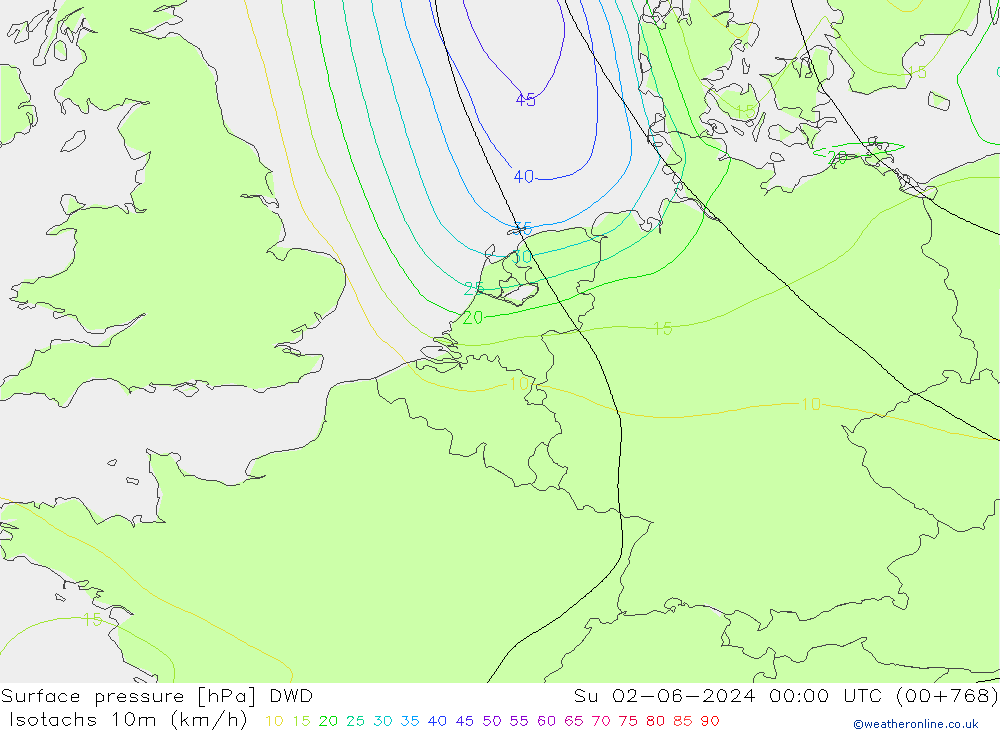 Isotachen (km/h) DWD zo 02.06.2024 00 UTC