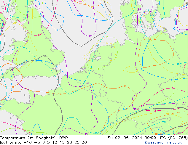 Temperaturkarte Spaghetti DWD So 02.06.2024 00 UTC