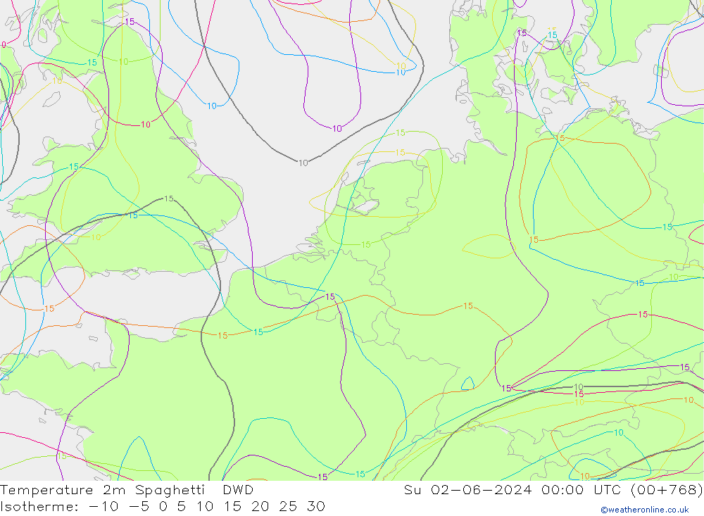 Temperatuurkaart Spaghetti DWD zo 02.06.2024 00 UTC
