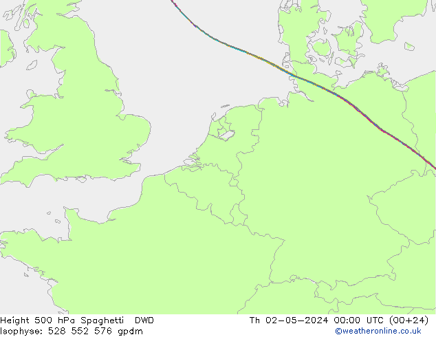 Height 500 hPa Spaghetti DWD Qui 02.05.2024 00 UTC