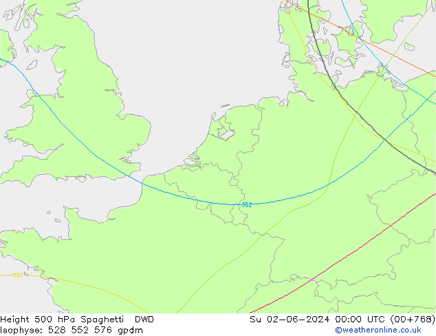 Height 500 hPa Spaghetti DWD 星期日 02.06.2024 00 UTC